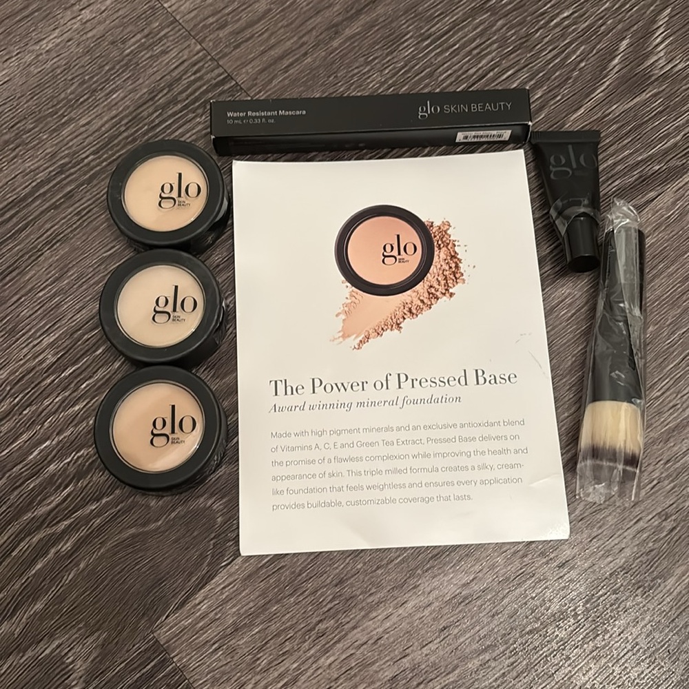 6pc Glo Skin Beauty Prime Match Set Mascara Primer Pressed Base Powder Brush Set